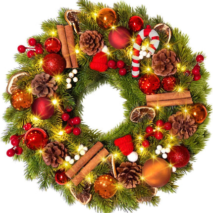 Quntis 16 Inch Christmas Wreath with 40 Lights 8 Modes, Lovely Christmas Door Wreath Decorations Artificial Xmas Wreath with PineCones Dried Lemon Pieces, Winter Wreaths Outdoor Porch Fireplace Window