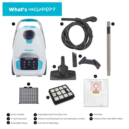 Simplicity Vacuums Scout Canister Vacuum Cleaner, Compact Rug And Wood Floor Vacuum, Household Vacuum Cleaners Feature Extendable Wand And Digital Suction Control