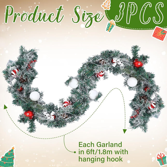 XunYee 18 FT Christmas Garland with Lights Xmas Prelit Garland Battery Operated Mantle Garland Decoration Red White Balls Snow Flocked Greenery Garlands for Front Door Fireplace Table Centerpiece