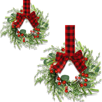 Mini Cabinet Christmas Wreath - 2Pcs 9IN Artificial Red Berries Plaid Small Christmas Wreath for Kitchen Cabinets, Window Porch Wall Indoor Home Hanging Decorating
