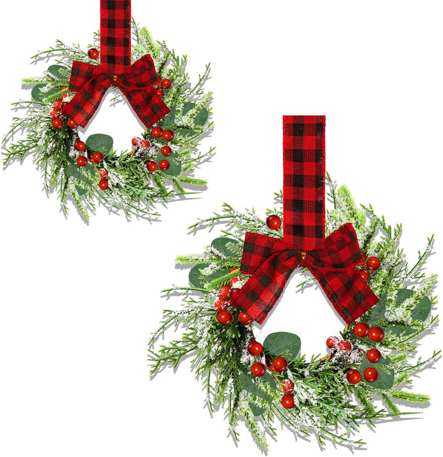 Mini Cabinet Christmas Wreath - 2Pcs 9IN Artificial Red Berries Plaid Small Christmas Wreath for Kitchen Cabinets, Window Porch Wall Indoor Home Hanging Decorating
