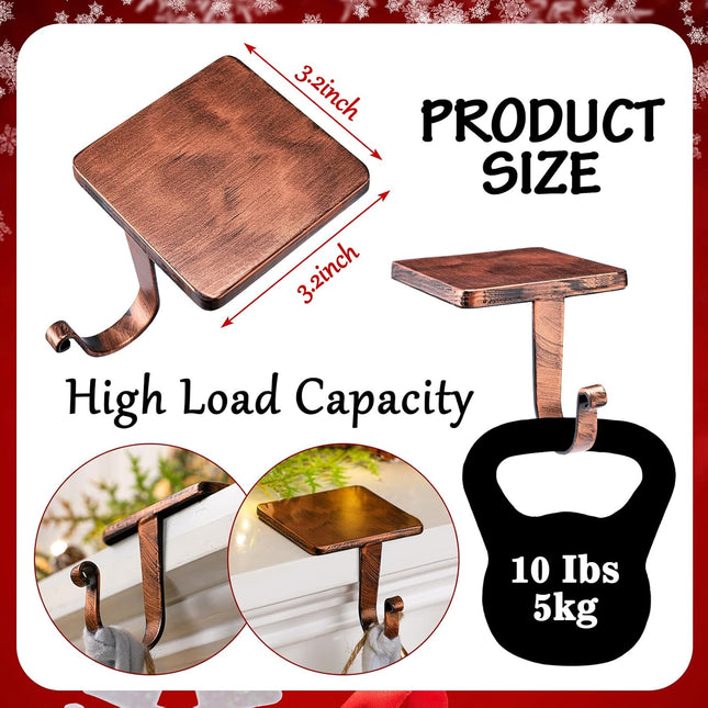 Tandefio 4 Pcs Christmas Stocking Holders for Mantle Heavy Duty Stocking Hangers with Protective Pads Cast Iron Xmas Stocking Hooks for Fireplace Home Shelf (Vintage Copper)