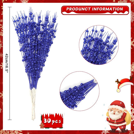 30-Pack Christmas Picks and Sprays Blue Artificial Glitter Berry Stems Branches Twigs Sticks Sprigs Christmas Tree Decorations, Ornaments for Garland, Wreath, Flowers and Tree Topper