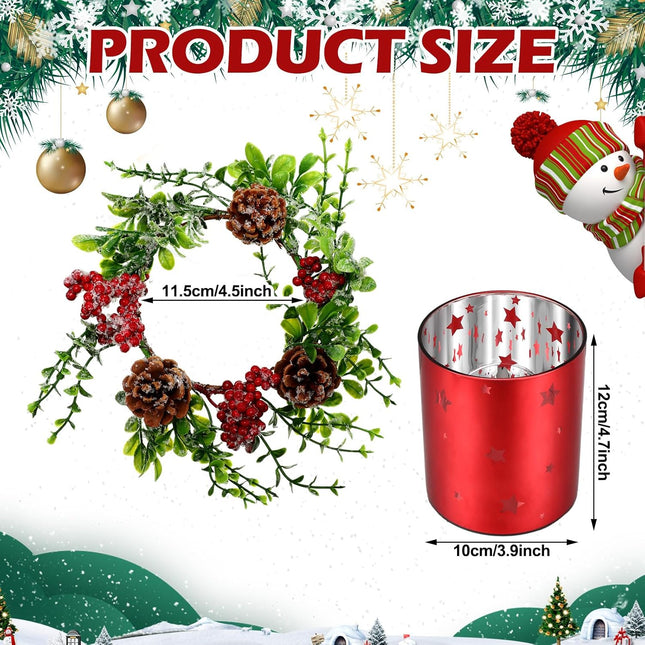Sliner 4 Pcs Christmas Glass Candle Holders 4.7 inch Glass Xmas Candle Holder, 2 Pcs Votive Candle Berry Ring with Pinecones and 2 Pcs Christmas Candle Holders Decorative for Table Centerpieces Decor