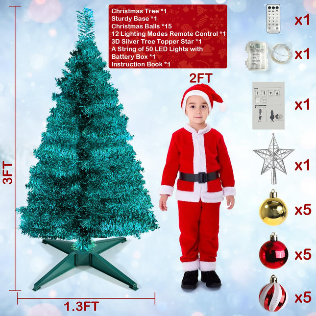 [ 12 Modes & Remote Control ] SURCVIO 3 Ft Christmas Tree with Timer 50 Four Color LED Lights DIY 15 Ball Ornaments Star Artificial Pencil Full Xmas Tree Indoor Outdoor Home Holiday Decorations (Blue)