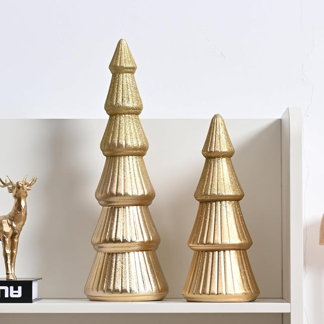 Wooden Christmas Tree Figurine, 2Pcs Gold Tree Figurines, Decorative Trees for Tabletop, Small Glittered Golden Xmas Tree Figurines for Christmas Mantle Indoor Decor