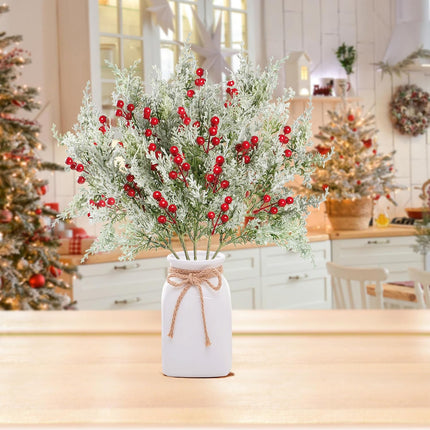 Sggvecsy 6 Pack Snowy Artificial Pine Branches Frosted Faux Cedar Spray with Red Berries 19’’ Greenery Cedar Picks Christmas Cedar Stems for DIY Garland Wreath Xmas Embellishing Garden Home Decoration