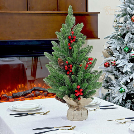 28 Inch Tabletop Christmas Tree, 2.33 Ft Artificial Small Little Real Natural Touch Pine Tree with Red Berries Pine Cones Merry Christmas for Indoor Table Desk Home Bedroom Christmas Decorations