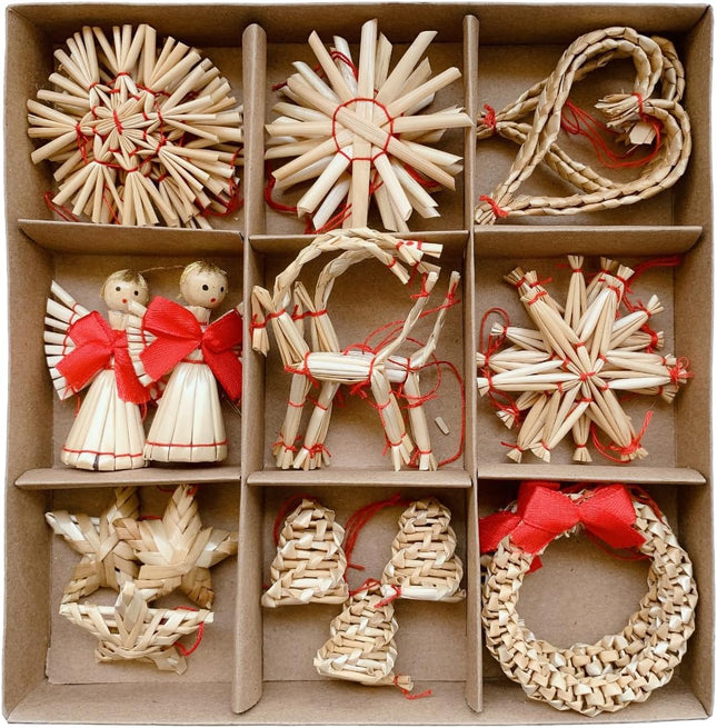 Straw Decoration Set Nordic Christmas Decoration, Star Snowflake Heart Angel Flower Ring Goat, Denmark Norway Nordic straw ornaments，christmas tree ornaments (26Pcs)
