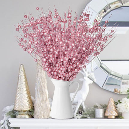 12Pack Christmas Glitter Berries Stems, 16 Inch Champagne Artificial Christmas Picks for Christmas Tree Ornaments, DIY Xmas Wreath, Crafts, Holiday and Home Decoration (Pink)
