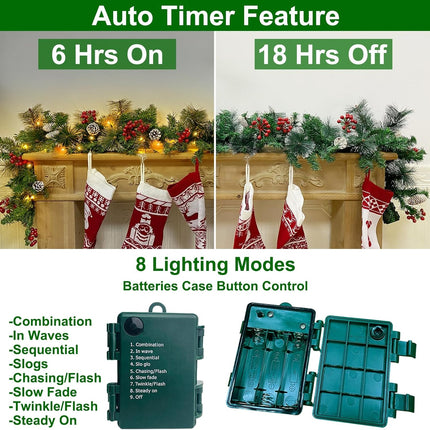 TURNMEON 6 Ft by 10 Inch Prelit Christmas Garland with Timer 30 Warm Lights 8 Modes 8 Pine Cone Snowy Bristle Pine 88 Berries Battery Operated Xmas Christmas Decorations Home Outdoor Fireplace Mantle