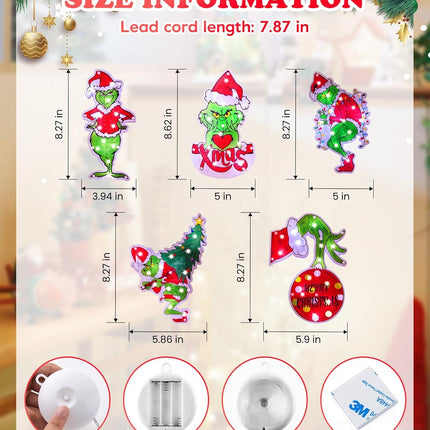 Brightown Christmas Window Lights Decorations, Lighted Christmas Hanging Lights Stole Green Monster Shaped Battery Operated with Suction Cup Hook for Xmas Tree Fireplace Window Indoor Decor