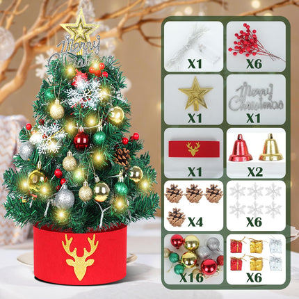 24 Inch/2 ft Small Christmas Tree with Lights LED, Mini Pre-lit Artificial Christmas Tree with Ornaments Topper Collar, Tabletop Battery Operated Xmas Pine Tree for Indoor DIY Decor