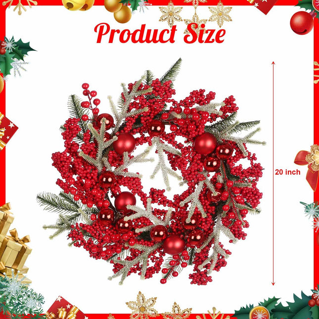 20 Inch Artificial Christmas Wreath, Decorated with Red Berries Pine Needles Red Christmas Ball for Indoor & Outdoor Christmas Decorations