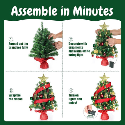 Small Tabletop Christmas Tree 24 Inch /2FT Mini Xmas Christmas Tree with Warm-White Lights,Mini Table Top Christmas Tree with Hanging Ornaments and Star Treetop, Boxes for DIY Christmas Decoration