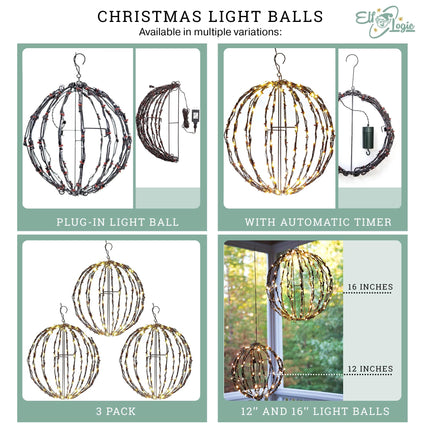 Elf Logic 16” Outdoor/Indoor LED Christmas Light Ball. Durable, Waterproof, Long-Lasting, Lightweight Bright Light Ball. Warm LED Lights for Holiday Decor, Patio, Wedding Decor