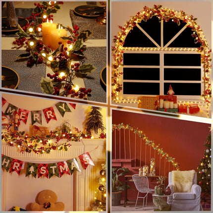 2 Pack Pre-Lit Christmas Garland with Lights, 5.7FT 20LED Battery Operated Lighted Garland Xmas Decor with PineCones Bell Berry Holly Leaves, Light Up Garland for Mantle Fireplace Stair Indoor Outdoor