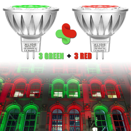 ALIDE Red Green MR16 GU5.3 Led Bulbs,Replace 20W 35W 50W Halogen,12V 5W Red Green MR16 for Christmas Holiday Decoration Outdoor Landscape Lighting,38 Deg,6 Pack Mix