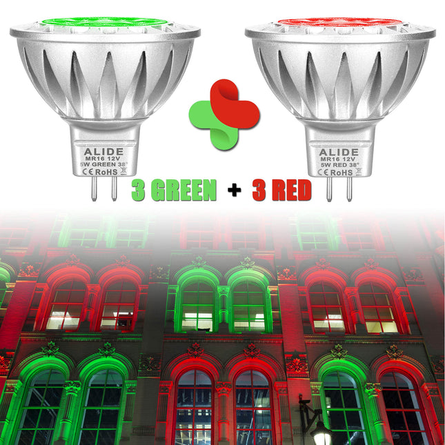 ALIDE Red Green MR16 GU5.3 Led Bulbs,Replace 20W 35W 50W Halogen,12V 5W Red Green MR16 for Christmas Holiday Decoration Outdoor Landscape Lighting,38 Deg,6 Pack Mix