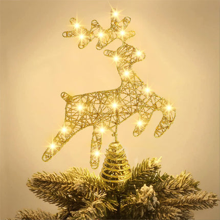 JOICEE Christmas Reindeer Tree Topper,Christmas Gold Hollow Glitter Tree Topper with LED Lights for Christmas Tree Decoration, Big Xmas Tree Top for Year Holiday Decorations.