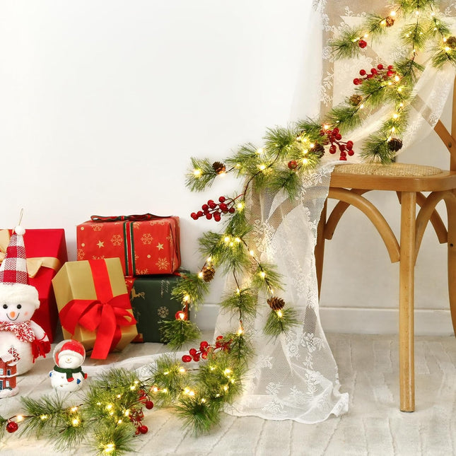 2 Pcs Christmas Garland with Lights, 6.6Ft Prelit Smokey Pine Garland, Lighted Christmas Garland for Mantle with Pine, Red Berry, Christmas Decoration for Winter Xmas Stairs Railing Table Decor