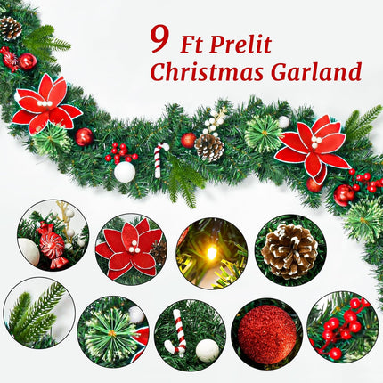 Christmas Garland with Lights, 9Ft Prelit Christmas Garland with Pinecones Red Berries Bows Christmas Balls Candies for Christmas Decorations and Holiday Mantle Fireplace Decor