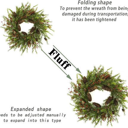 22 inch Artificial Christmas Wreath with Pine Cones and Needles for Indoor Outdoor Holiday Home Decor