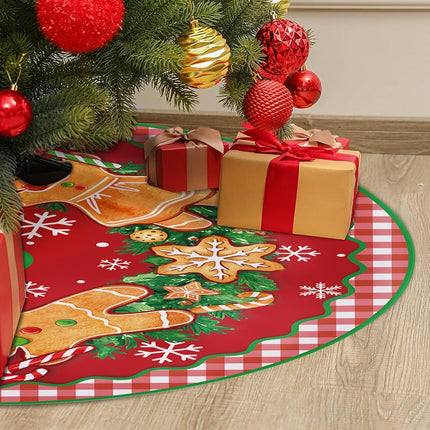 Gingerbread Man Christmas Tree Skirt 36 Inches Lace-up Wreath Bow Snowflake Artificial Xmas Tree Skirt, Red Buffalo Plaid Check Indoor Decoration Farmhouse Holiday Party Home Decor