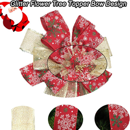 Christmas Tree Topper Bow, 55 "13" Large Glitter Artificial Flower Wreath Bow, with Long Streamer Mesh Wired Edge Ribbon Home/Restaurant Christmas Decoration