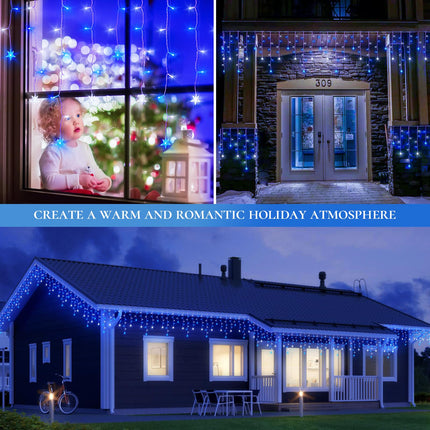 Icicle Lights Outdoor,16.5FT 200 LED Curtain Fairy Lights,40 Drops 8 Modes with Timer Icicle Star Lights,Hanging Led String Lights for Backdrop,Wedding,Party,Christmas Decorations,Blue&White