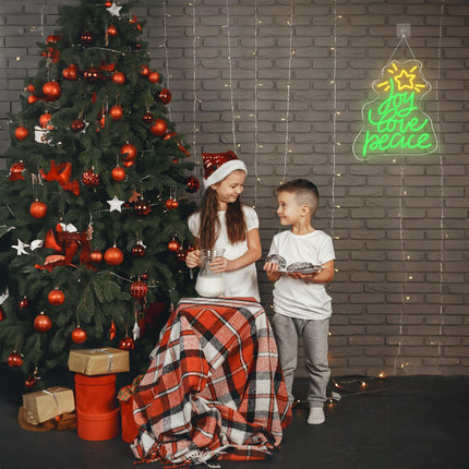 Christmas Tree Neon Sign, Xmas Trees Peace Love Joy Christmas Decoration, USB Powered Led Merry Christmas Neon Light Up Sign for Wall Decor, Xmas Led Sign for Home Holiday Year Party Backdrop
