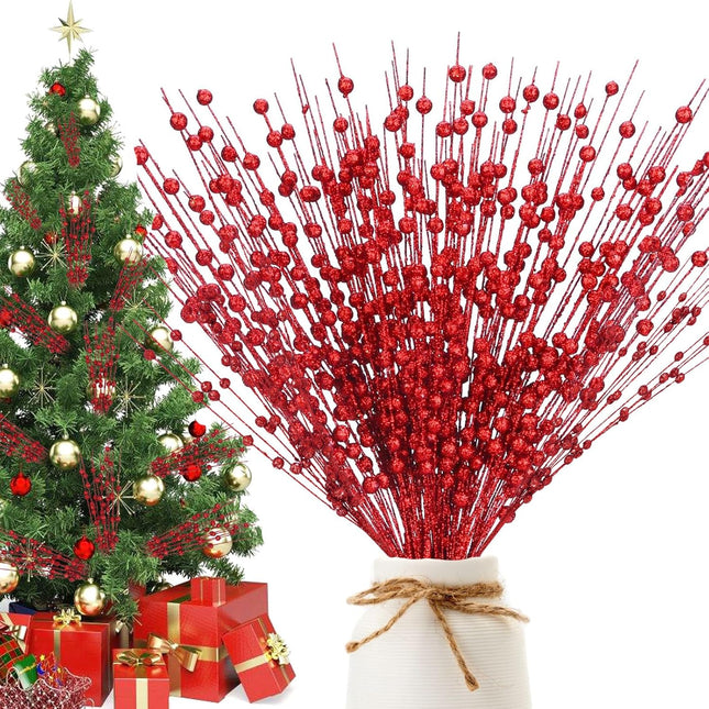 10 Pack Artificial Glitter Berry Stem 15'' Fake Christmas Picks Red Ornaments for Christmas Tree Decorative Bead Sticks Glittery Twigs for Vase Year Wedding DIY Garland Wreath Home Decor