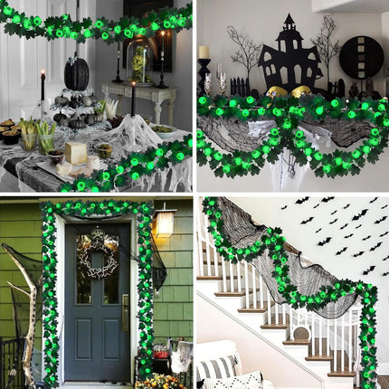 Ouddy Decor Lighted Halloween Garland, Total 10 FT 30 LED Black Maple Leaves Garland with Eyeballs Lights Waterproof Timer Battery Operated for Indoor Outdoor Home Halloween Decorations, Green
