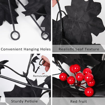 Black Maple Leaf Garland, Red Berry Garland, Black Berry Garland Fall Decor Artificial Fall Garland Halloween Black Garlands for Thanksgiving Home Fireplace Dinner Autumn Party Decoration(Red Berry)