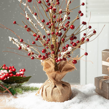 Glitzhome 16”H Christmas Red Berries Table Tree with Burlap Base, Decorative Berries Tree Table Centerpiece for Christmas, Artificial Table Tree Decor for Xmas Party Festival Home Decor
