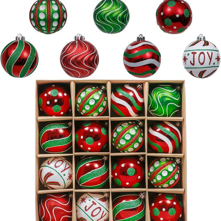Valery Madelyn Christmas Ornaments Set, 16ct Red Green White Shatterproof Christmas Tree Decorations Ball Ornaments Bulk, 3.15 Inch Hanging Ornaments for Xmas Trees Holiday Party Decor