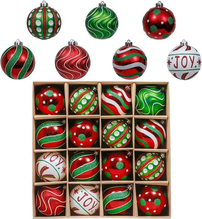 Valery Madelyn Christmas Ornaments Set, 16ct Red Green White Shatterproof Christmas Tree Decorations Ball Ornaments Bulk, 3.15 Inch Hanging Ornaments for Xmas Trees Holiday Party Decor