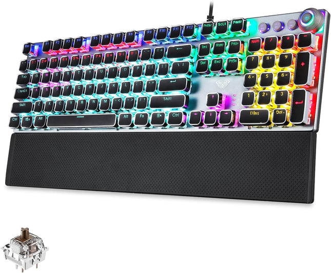 AULA F2088 Mechanical Gaming Keyboard, Tactile Brown Switches, LED Rainbow Backlit, Volume Controls, Removable Wrist Rest, Unique Cool Square Keycaps, Full Size Wired Keyboard for Windows/Mac/PC