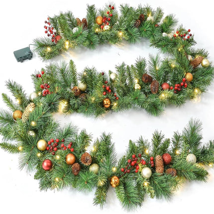 Aokia 9FT Pine Christmas Garland with 50LED Ligths,Pre-Lit Lighted Garland Decorated with Pine Cones,Red Berry Pine Cones and Ball Ornaments for Indoor Home Winter Holiday Year Xmas Decorations