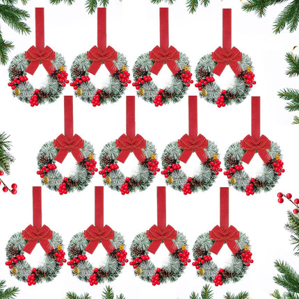 12 Pcs Cabinet Wreaths for Kitchen Mini Christmas Wreaths with Ribbon Small Christmas Farmhouse Wreaths Artificial Pine Cone Hanging Wreath for Front Door Window (Red)