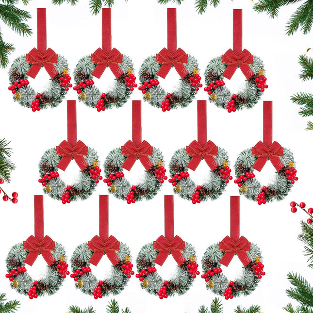 12 Pcs Cabinet Wreaths for Kitchen Mini Christmas Wreaths with Ribbon Small Christmas Farmhouse Wreaths Artificial Pine Cone Hanging Wreath for Front Door Window (Red)