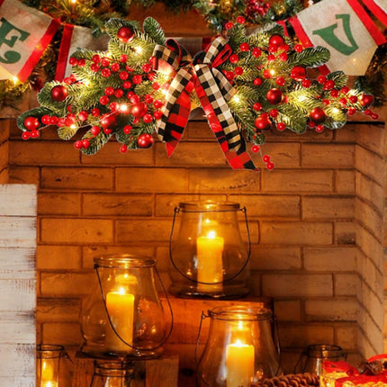 27.6 Inch Artificial Christmas Swag,Winter Pine Needles Decoration Swag with Ribbon Bow and Red Berry,Front Door Decor Christmas Wreath-with lamp