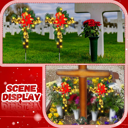Ganeen 2 Pcs Solar Stake Christmas Outdoor Decorations Christmas Yard Stake Decor LED Lights Cemetery Grave Cross Stake Christmas Poinsettia Decor for Holiday Garden Pathway Lights (Poinsettia)
