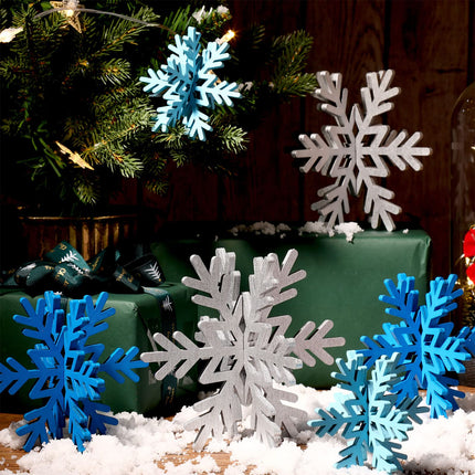 Bucherry 12 Pcs Christmas Wooden Snowflake Table Decor Winter Snowflake Signs 3D Snowflake Tabletop Decorations Snowflake Centerpiece for Home Xmas Party Supplies(Silver)