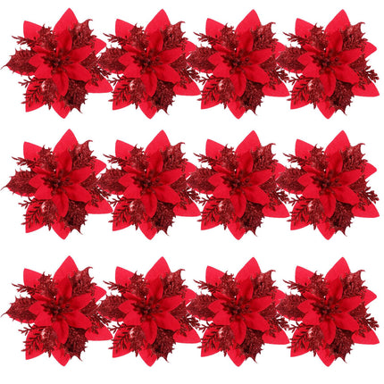 jojofuny Christmas Glitter Artificial Flowers Ornaments, 12pcs 5.9in Poinsettia Artificial Christmas Flowers with Clips for Christmas Tree Wreaths Garland Holiday Decoration Red