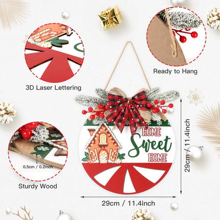 TOARTi 3D Christmas Home Sweet Home Door Wreath with Bow Pine(11.4''x11.4''), Merry Christmas Welcome Wall Sign Hanging, Farmhouse Xmas Porch Entryway Decoration for Christmas Winter Housewarming