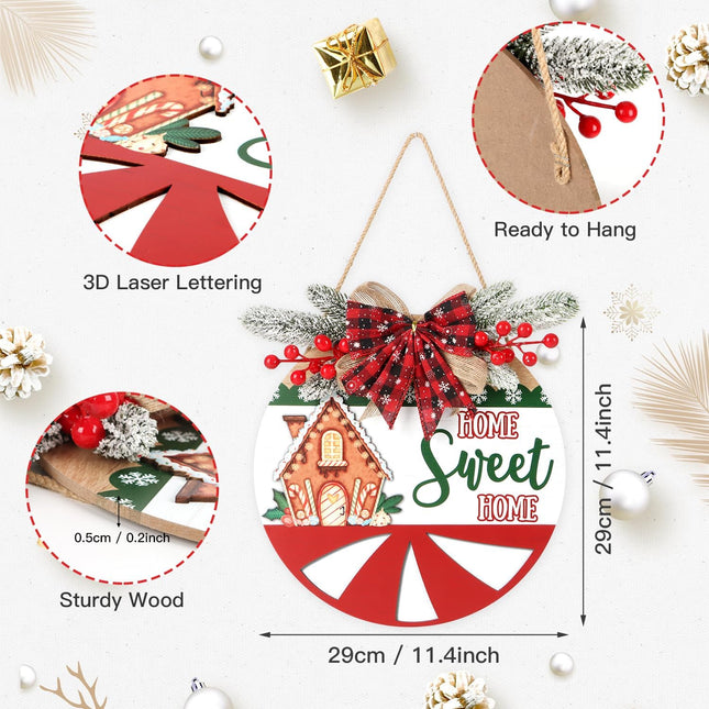 TOARTi 3D Christmas Home Sweet Home Door Wreath with Bow Pine(11.4''x11.4''), Merry Christmas Welcome Wall Sign Hanging, Farmhouse Xmas Porch Entryway Decoration for Christmas Winter Housewarming
