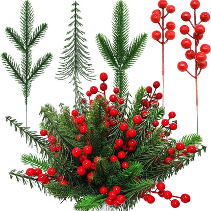 60 Pcs Christmas Artificial Pine Branches with Red Berry Stems Fake Greenery Pine Picks Artificial Red Berry Stems Artificial Pine Needles Branches for DIY Christmas Garland Wreath Xmas Decoration
