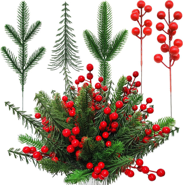 60 Pcs Christmas Artificial Pine Branches with Red Berry Stems Fake Greenery Pine Picks Artificial Red Berry Stems Artificial Pine Needles Branches for DIY Christmas Garland Wreath Xmas Decoration