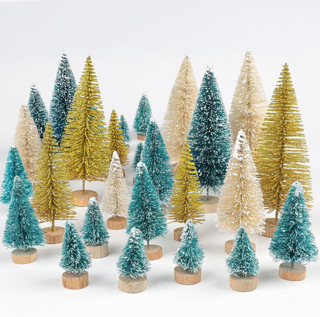 30PCS Artificial Frosted Sisal Mini Christmas Trees, Bottle Brush Trees with Wood Base Snow Frost Tree Artificial Winter Mini Pine for Christmas Decor Home Table Top Decoration and Crafts